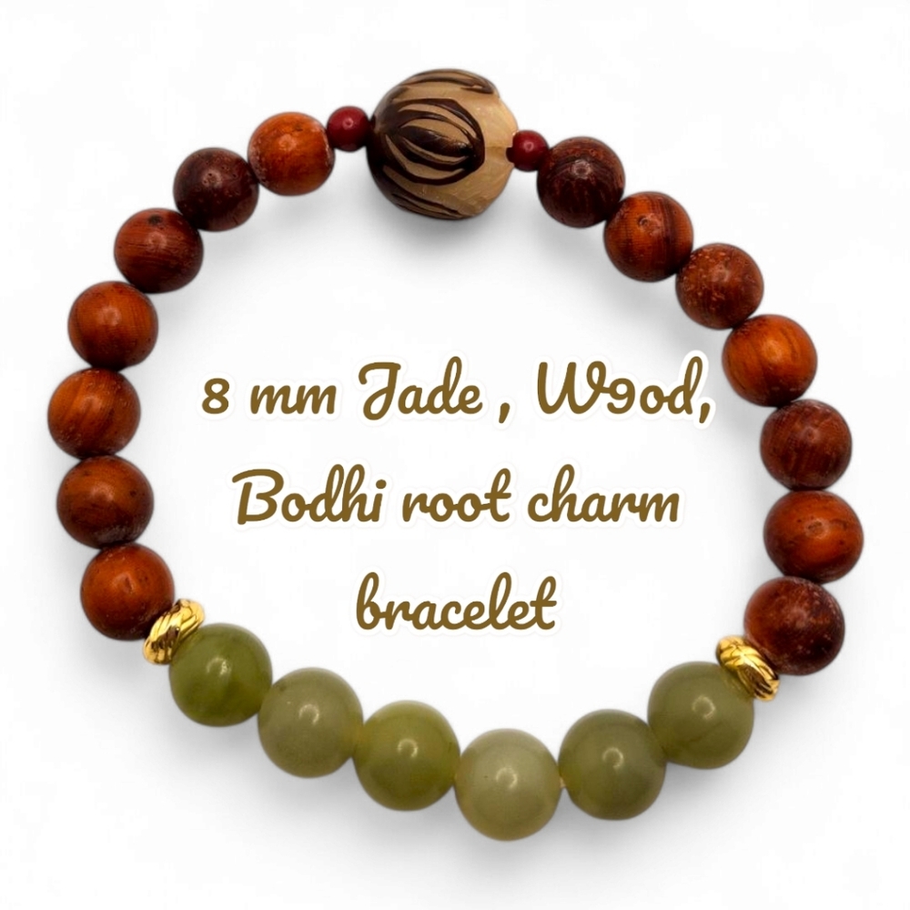 8 mm Jade, Wood, Bodhi root charm bracelet